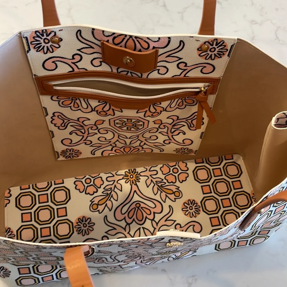 Tory Burch White, Tan & Yellow Printed Tote